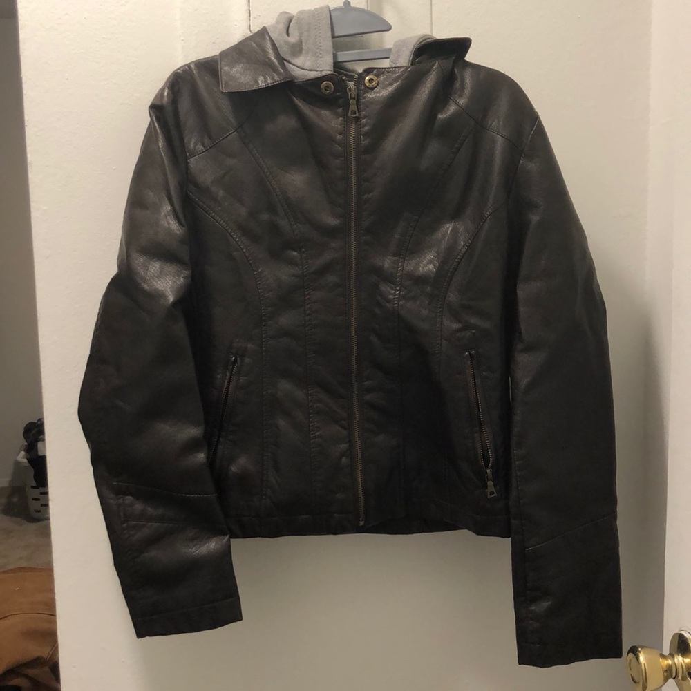 Giacca Brown Faux Leather Sweatshirt Jacket - Picture 2 of 5